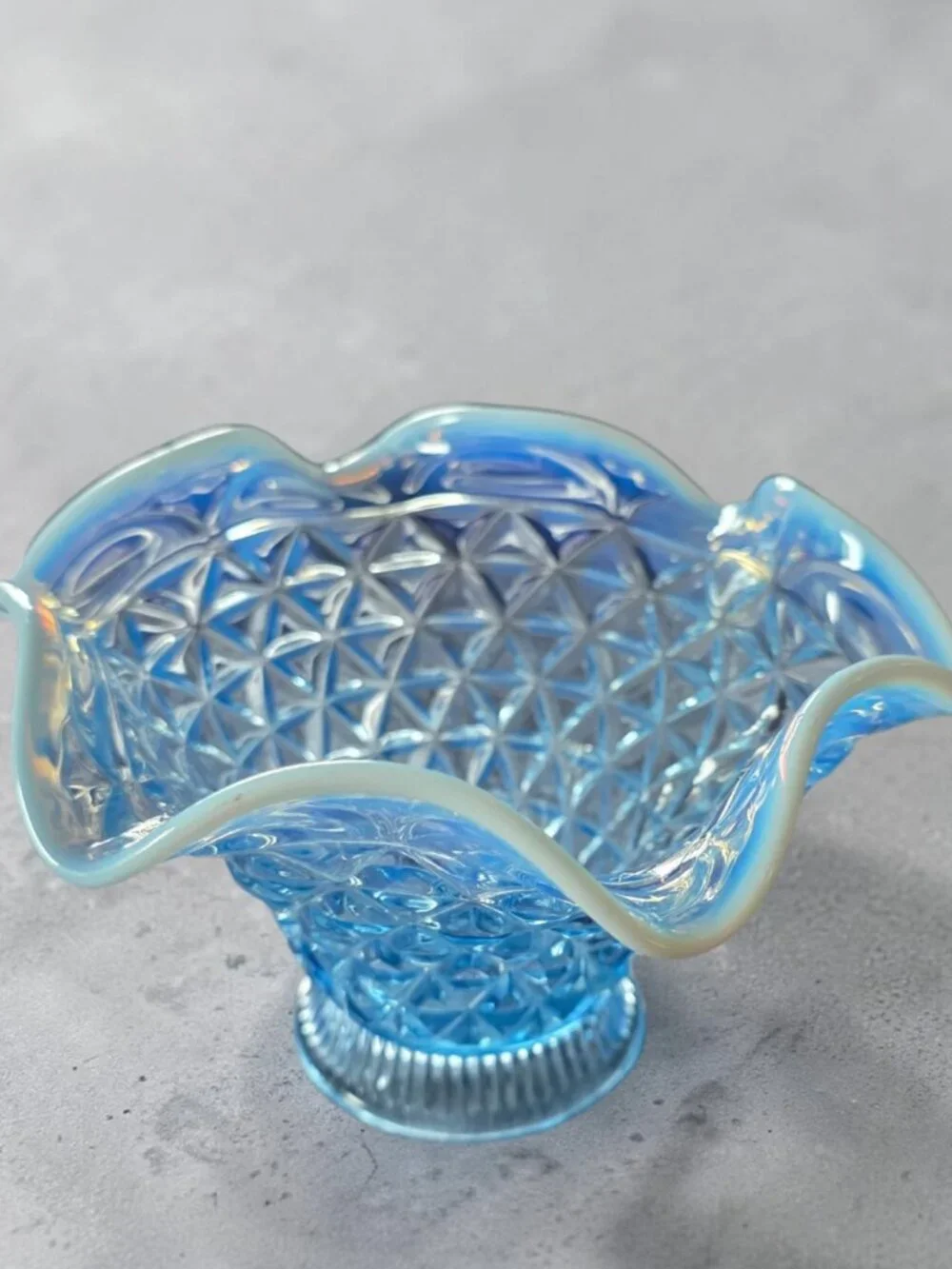 VINTAGE FENTON Diamond Lace Blue Opalescent Art Glass Ruffled Footed Compote Dis
